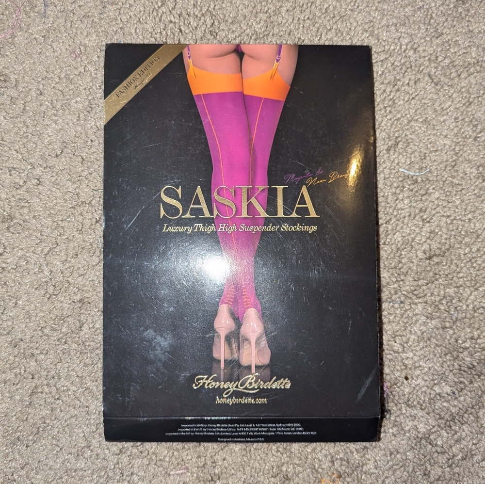 Honey Birdette Saskia Thigh High Suspender stockings, Magenta/Neon Orange, Small